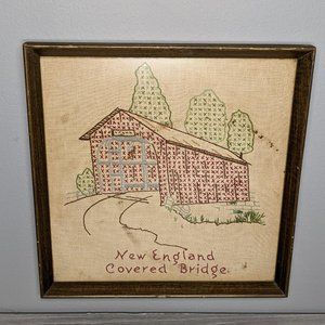 Vintage Hand Crafted Framed New England Covered Bridge Cross Stitch